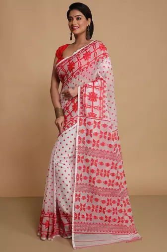 Women'S Cotton Silk Dhakai Softs Vojadi Dhakai Jamdani Sarees (White Red) Without Blouse