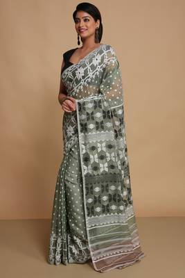 deep green cotton silk dhakai jamdani saree 3