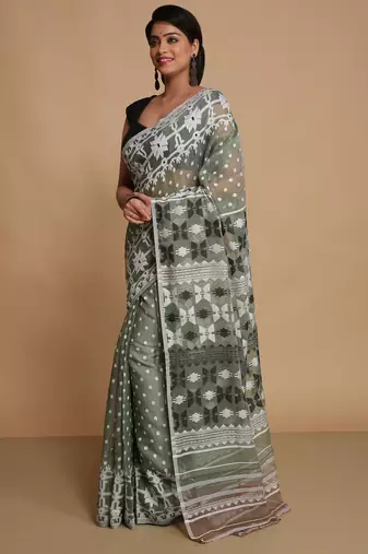 deep green cotton silk dhakai jamdani saree