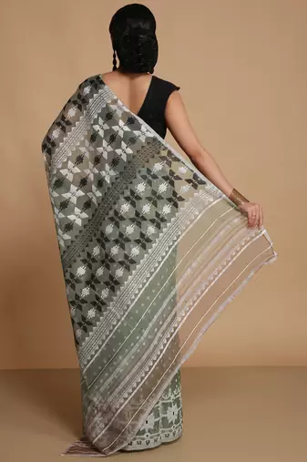 deep green cotton silk dhakai jamdani saree