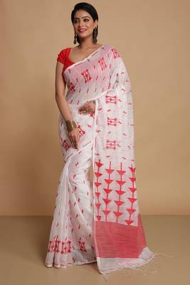 Women's slab cotton silk saree design with jaquard work with blouse piece(white red) 1