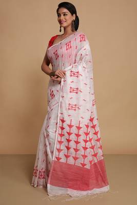 Women's slab cotton silk saree design with jaquard work with blouse piece(white red) 2