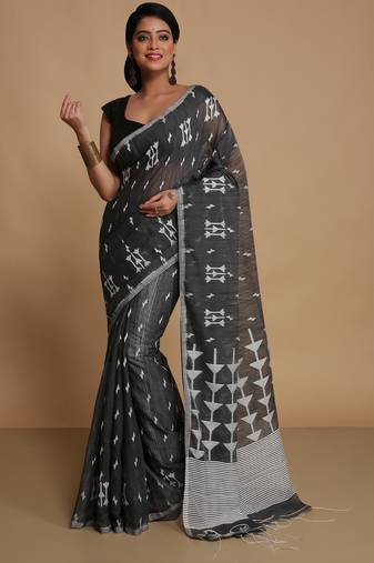 Women's slab cotton silk saree design with jaquard work with blouse piece(black whitew)