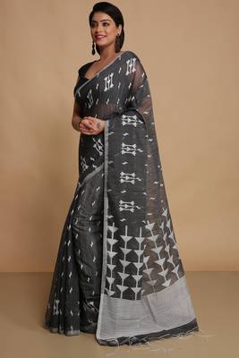 Women's slab cotton silk saree design with jaquard work with blouse piece(black whitew) 2
