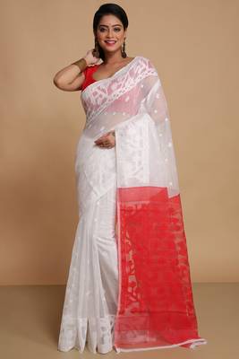 Dhakai Exclusive Softs Dual Color Jamdani Sarees (White Red) Without Blouse 2