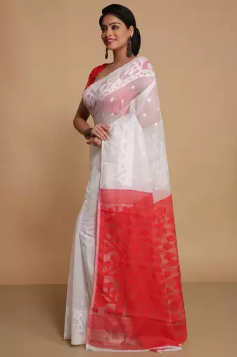Dhakai Exclusive Softs Dual Color Jamdani Sarees (White Red) Without Blouse