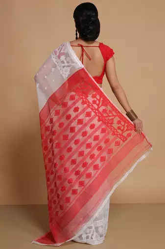 Dhakai Exclusive Softs Dual Color Jamdani Sarees (White Red) Without Blouse