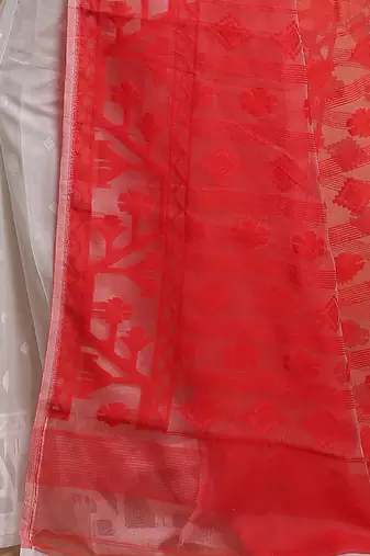 Dhakai Exclusive Softs Dual Color Jamdani Sarees (White Red) Without Blouse