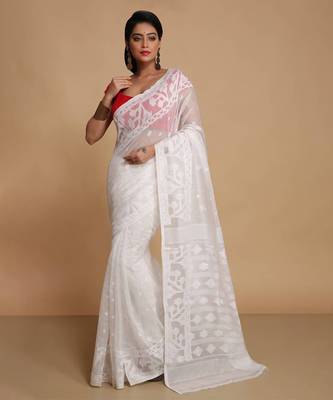 Women'S Cotton Silk Dhakai Exclusive Softs Dual Color Jamdani Sarees (White White) Without Blouse 1