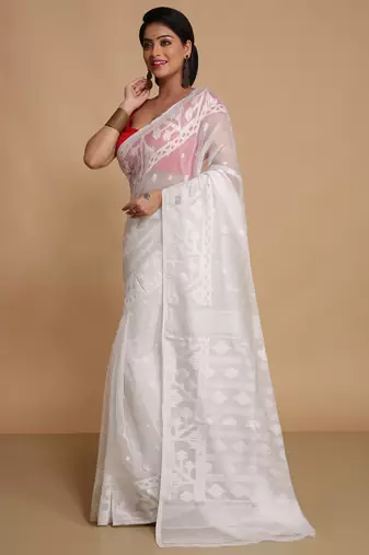 Women'S Cotton Silk Dhakai Exclusive Softs Dual Color Jamdani Sarees (White White) Without Blouse