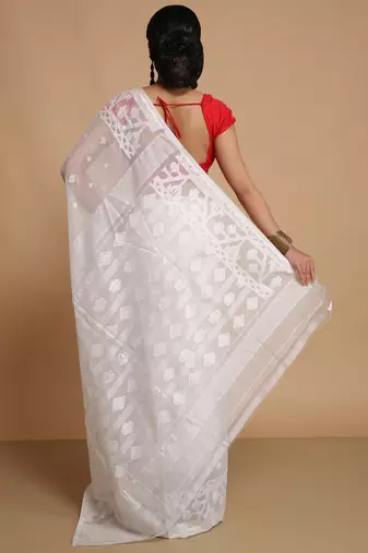 Women'S Cotton Silk Dhakai Exclusive Softs Dual Color Jamdani Sarees (White White) Without Blouse