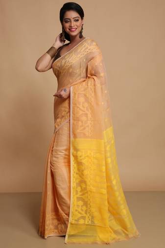 Women'S Cotton Silk Dhakai Exclusive Softs Dual Color Jamdani Sarees (Beige Yellow) Without Blouse