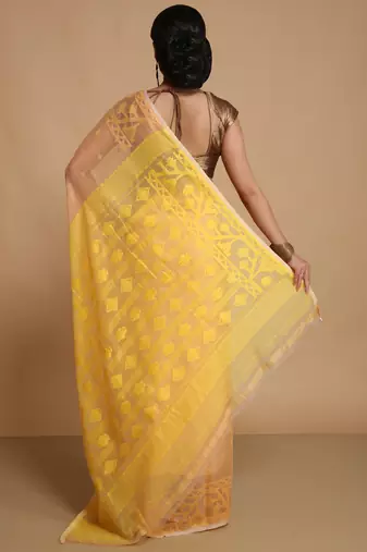 Women'S Cotton Silk Dhakai Exclusive Softs Dual Color Jamdani Sarees (Beige Yellow) Without Blouse