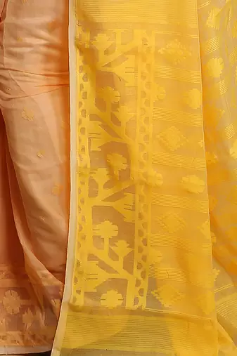 Women'S Cotton Silk Dhakai Exclusive Softs Dual Color Jamdani Sarees (Beige Yellow) Without Blouse