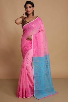 Women'S Cotton Silk Dhakai Exclusive Softs Dual Color Jamdani Sarees (Pink Sky) Without Blouse 1