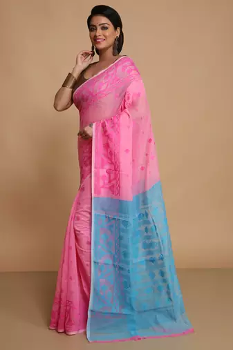 Women'S Cotton Silk Dhakai Exclusive Softs Dual Color Jamdani Sarees (Pink Sky) Without Blouse