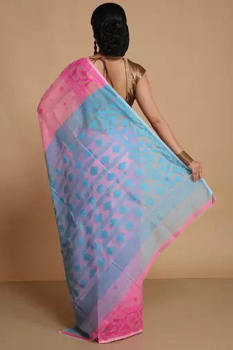 Women'S Cotton Silk Dhakai Exclusive Softs Dual Color Jamdani Sarees (Pink Sky) Without Blouse