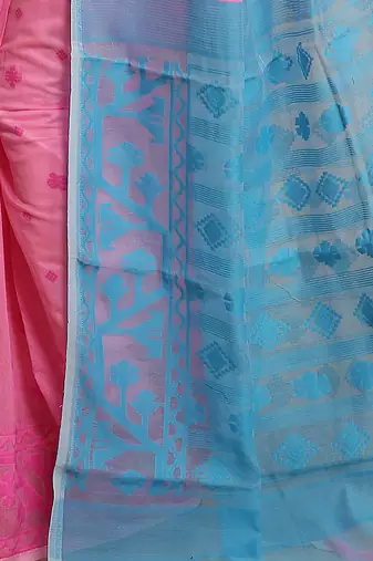 Women'S Cotton Silk Dhakai Exclusive Softs Dual Color Jamdani Sarees (Pink Sky) Without Blouse