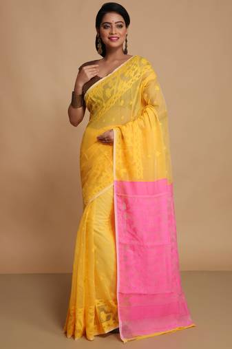 Women'S Cotton Silk Dhakai Exclusive Softs Dual Color Jamdani Sarees (Yellow Pink) Without Blouse