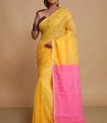 Women'S Cotton Silk Dhakai Exclusive Softs Dual Color Jamdani Sarees (Yellow Pink) Without Blouse