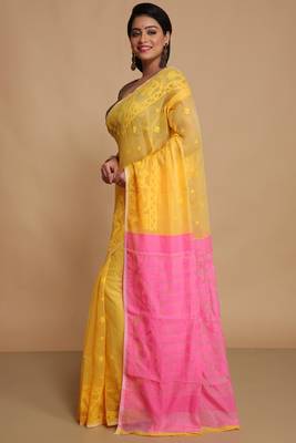 Women'S Cotton Silk Dhakai Exclusive Softs Dual Color Jamdani Sarees (Yellow Pink) Without Blouse 2