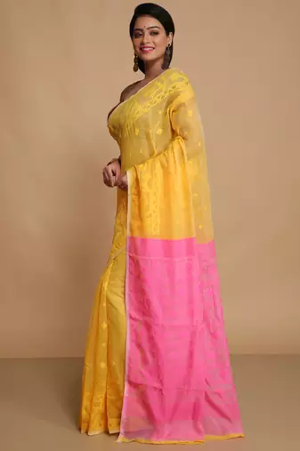 Women'S Cotton Silk Dhakai Exclusive Softs Dual Color Jamdani Sarees (Yellow Pink) Without Blouse