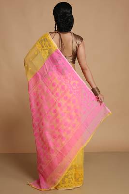 Women'S Cotton Silk Dhakai Exclusive Softs Dual Color Jamdani Sarees (Yellow Pink) Without Blouse 3