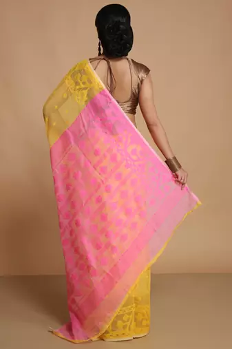 Women'S Cotton Silk Dhakai Exclusive Softs Dual Color Jamdani Sarees (Yellow Pink) Without Blouse