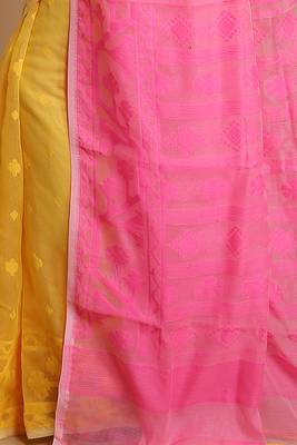 Women'S Cotton Silk Dhakai Exclusive Softs Dual Color Jamdani Sarees (Yellow Pink) Without Blouse 4