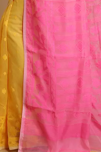 Women'S Cotton Silk Dhakai Exclusive Softs Dual Color Jamdani Sarees (Yellow Pink) Without Blouse