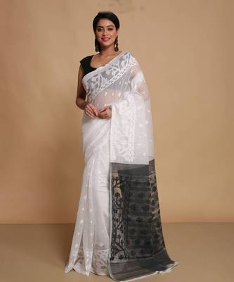 Women'S Cotton Silk Dhakai Exclusive Softs Dual Color Jamdani Sarees (White Black) Without Blouse 1