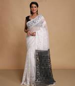 Women'S Cotton Silk Dhakai Exclusive Softs Dual Color Jamdani Sarees (White Black) Without Blouse