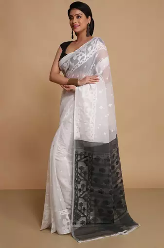 Women'S Cotton Silk Dhakai Exclusive Softs Dual Color Jamdani Sarees (White Black) Without Blouse