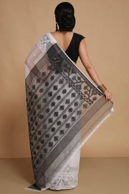 Women'S Cotton Silk Dhakai Exclusive Softs Dual Color Jamdani Sarees (White Black) Without Blouse 3
