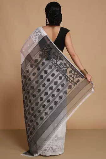Women'S Cotton Silk Dhakai Exclusive Softs Dual Color Jamdani Sarees (White Black) Without Blouse