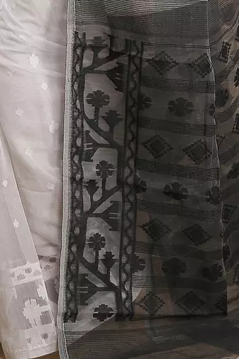 Women'S Cotton Silk Dhakai Exclusive Softs Dual Color Jamdani Sarees (White Black) Without Blouse