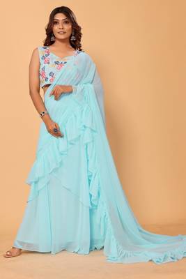 Beautiful Georgette Ready To Wear Lehenga Style Saree With Ruffle Work & Embroidery Stitched Blouse 1