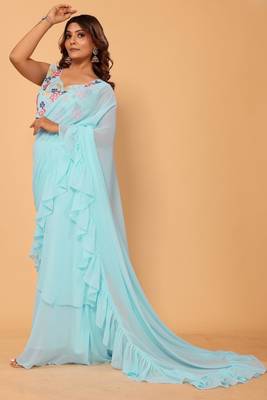 Beautiful Georgette Ready To Wear Lehenga Style Saree With Ruffle Work & Embroidery Stitched Blouse 2