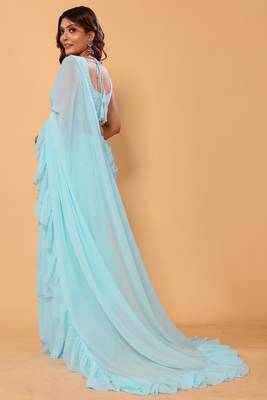 Beautiful Georgette Ready To Wear Lehenga Style Saree With Ruffle Work & Embroidery Stitched Blouse 3