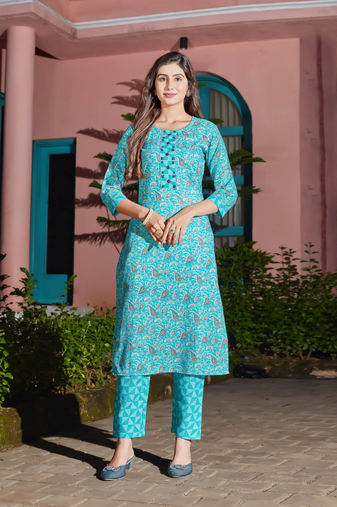 firozi  cotton blendpremium designer ready to wear kurta set