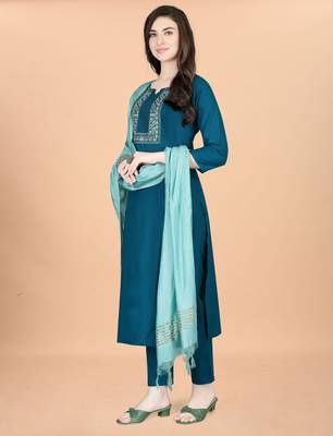 Teal cotton blendpremium designer ready to wear kurta set 4