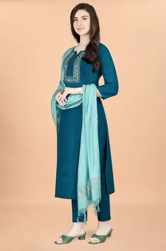Teal cotton blendpremium designer ready to wear kurta set