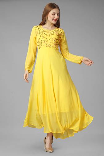 Yellow georgette premium designer readymade gown