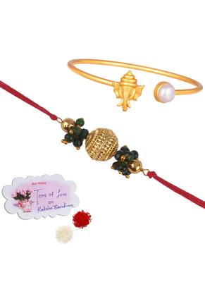 Handmade rakhi combo couple pair gold plated gold bead and ganesha bracelet/bangle rakhi set for bhaiya bhabhi 1