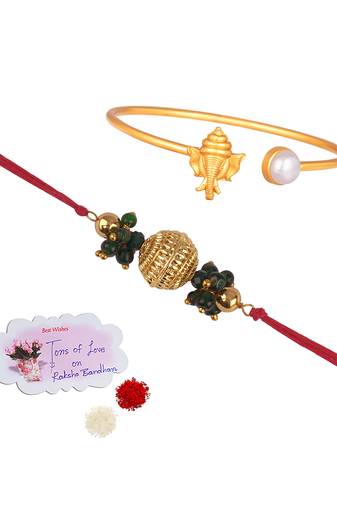 Handmade rakhi combo couple pair gold plated gold bead and ganesha bracelet/bangle rakhi set for bhaiya bhabhi