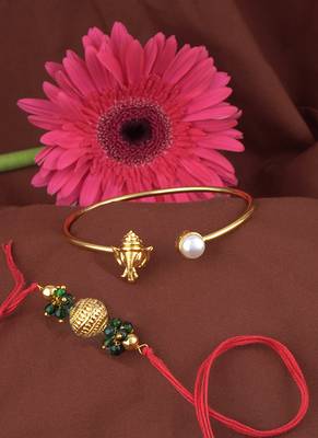 Handmade rakhi combo couple pair gold plated gold bead and ganesha bracelet/bangle rakhi set for bhaiya bhabhi 2