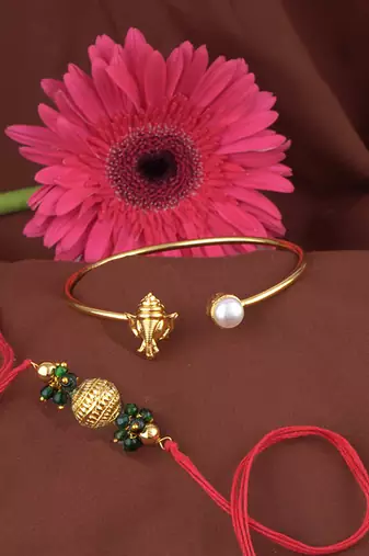 Handmade rakhi combo couple pair gold plated gold bead and ganesha bracelet/bangle rakhi set for bhaiya bhabhi