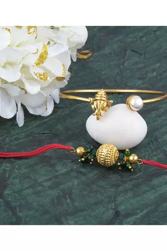 Handmade rakhi combo couple pair gold plated gold bead and ganesha bracelet/bangle rakhi set for bhaiya bhabhi
