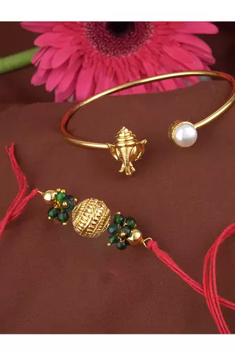 Handmade rakhi combo couple pair gold plated gold bead and ganesha bracelet/bangle rakhi set for bhaiya bhabhi