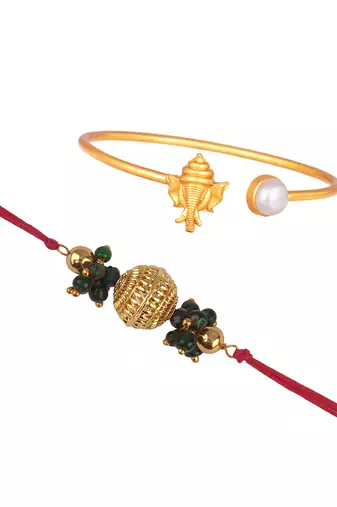 Handmade rakhi combo couple pair gold plated gold bead and ganesha bracelet/bangle rakhi set for bhaiya bhabhi